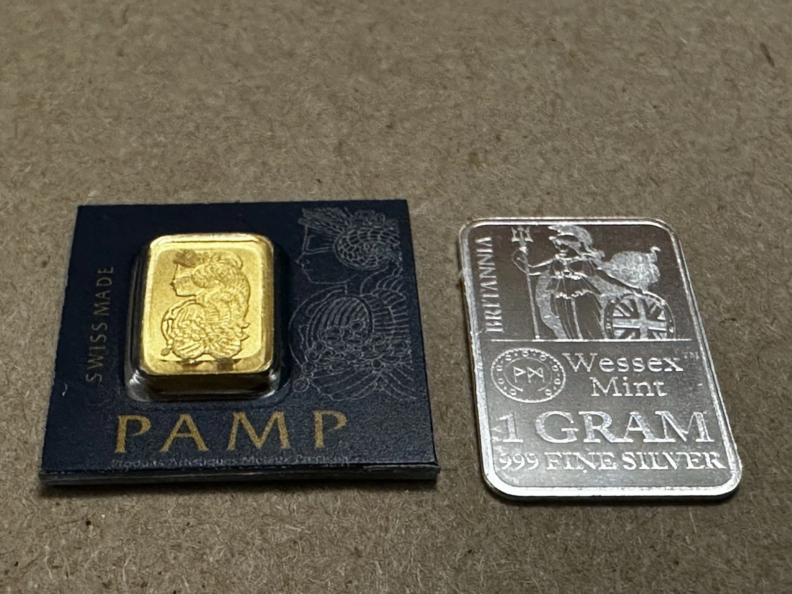1 Gram PAMP Suisse Lady Fortuna Gold Bar + 1 Gram Silver Wessex Bar Britannia 1G