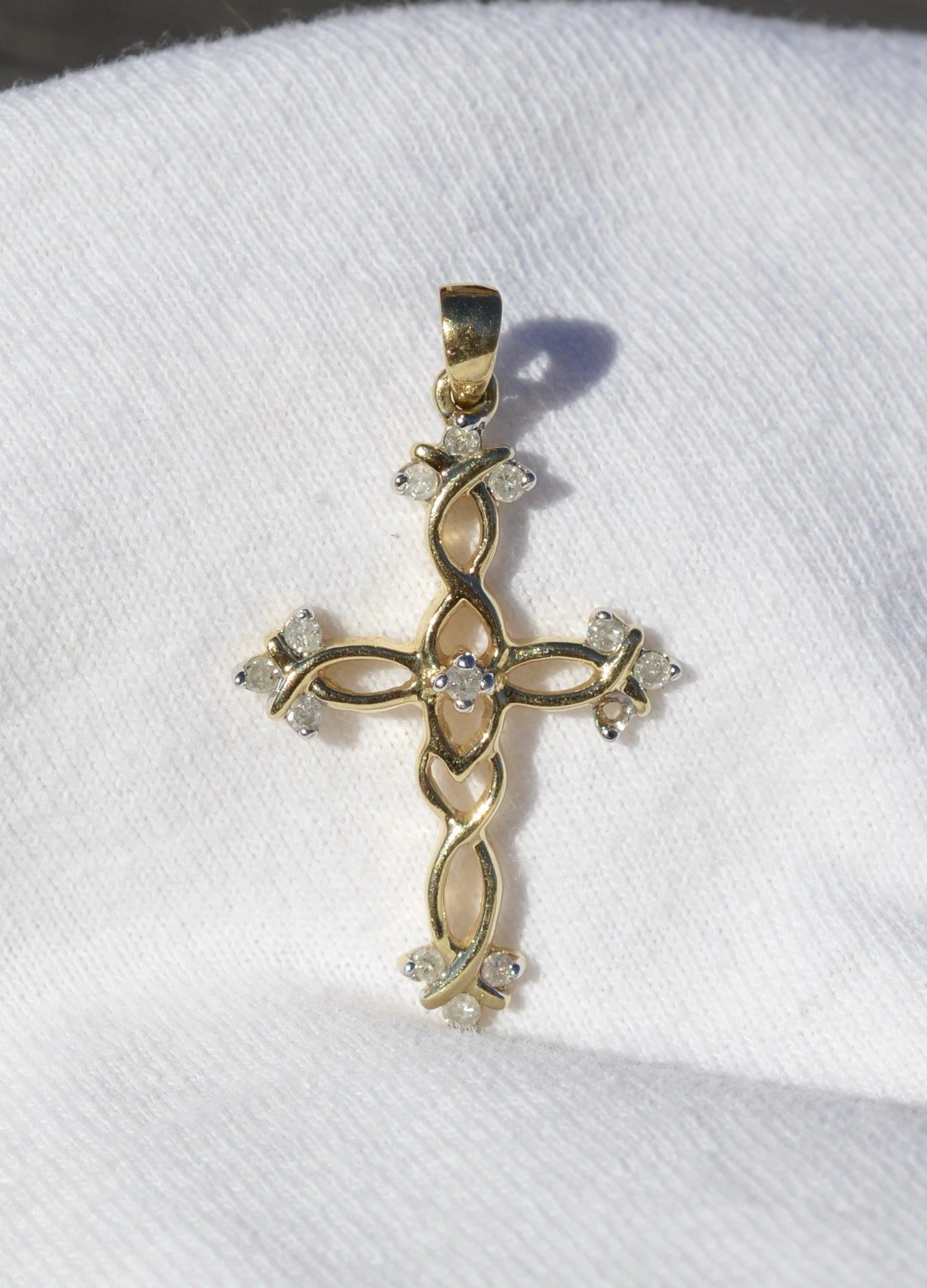 10k Solid Yellow Gold Cross Pendant, Round Cut Natural Diamonds, 2g Scrap Repair