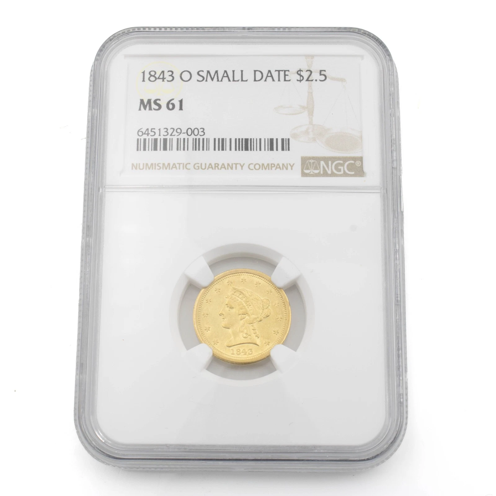 1843 O Small Date $2.5 Gold Coronet Head Quarter Eagle MS 61 NGC US Coin #C798-3