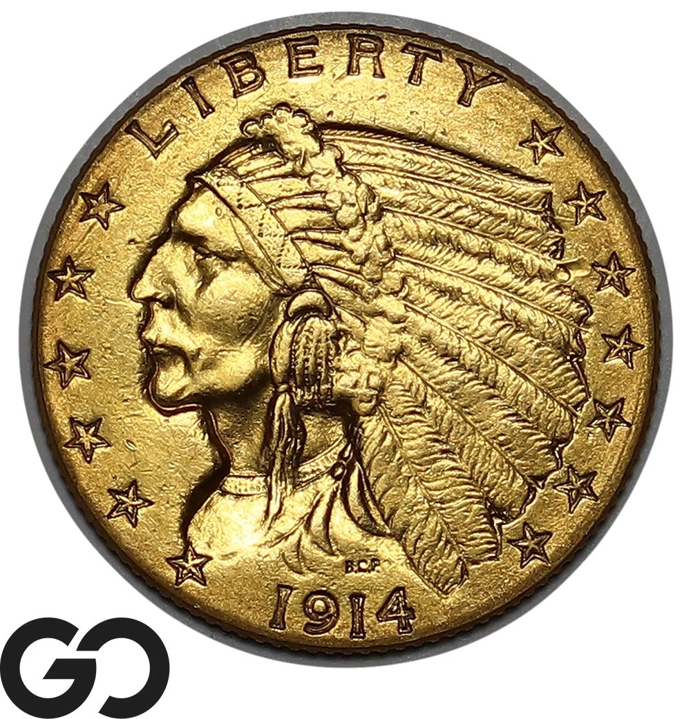 1914 Gold Quarter Eagle, $2.5 Gold Indian, Nice BU++ Better Date
