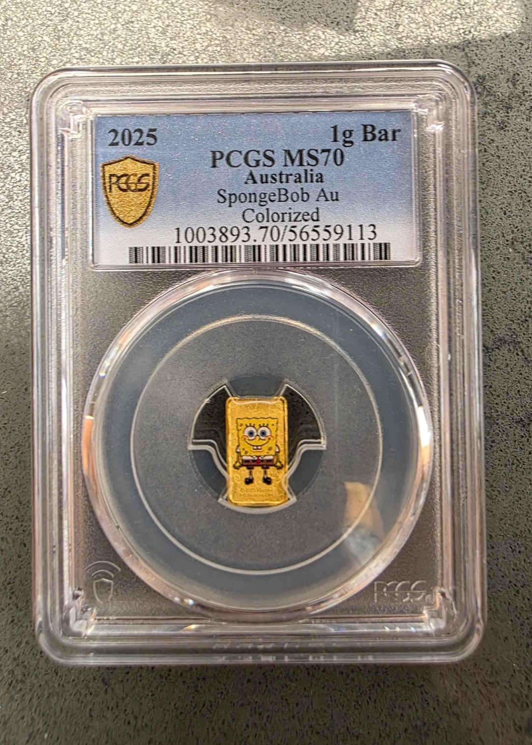 2025 SPONGEBOB SQUAREPANTS COLORIZED 1g Gold Perth Mint Minted Bar PCGS MS 70