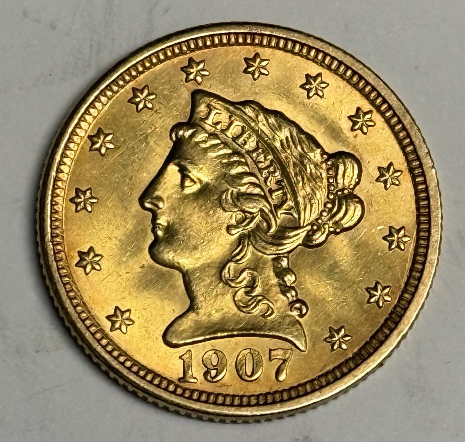 AU+ 1907 Liberty Head Gold Quarter Eagle, $2.50 Problem-Free U.S. Coin