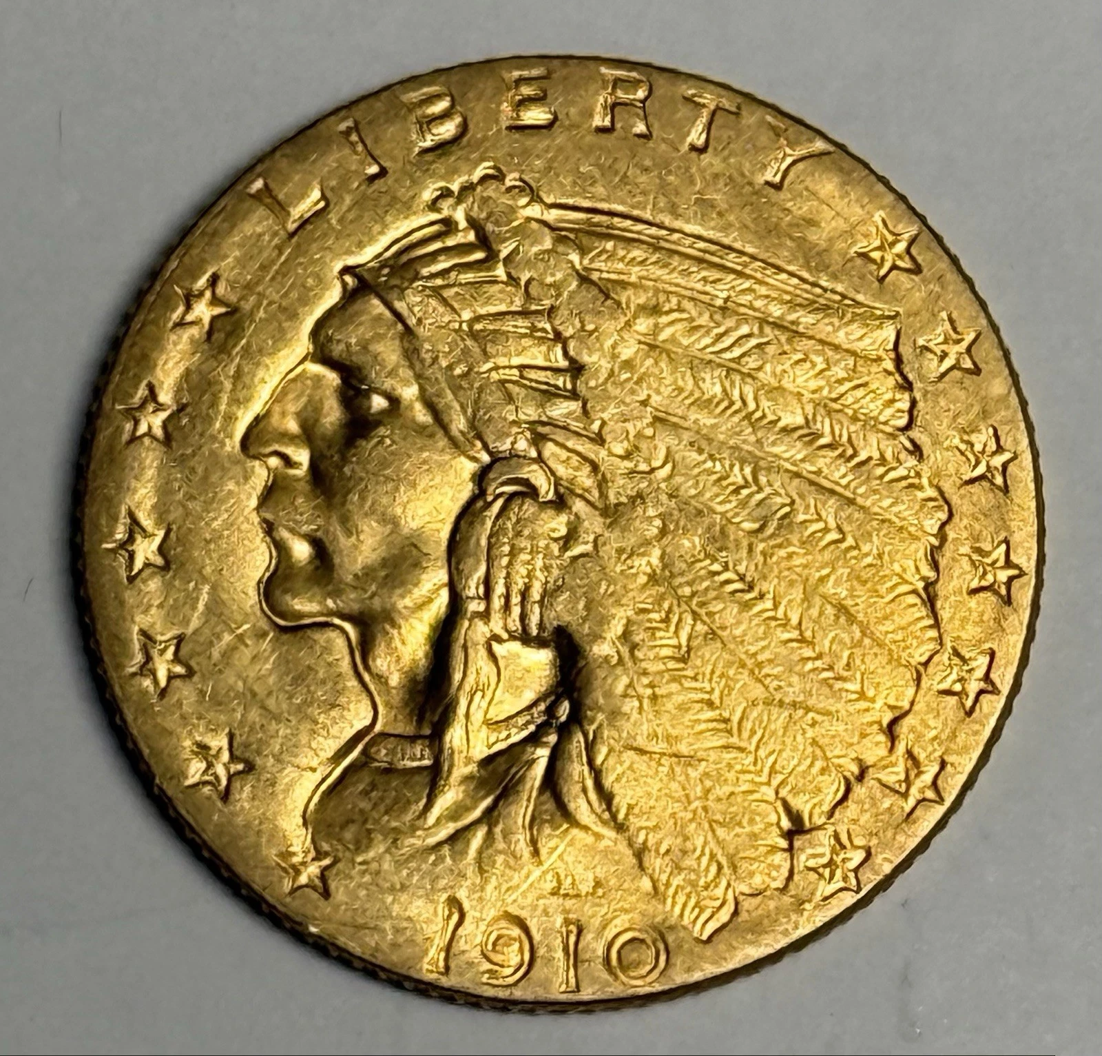 AU 1910 Indian Head Gold Quarter Eagle, $2.50 Problem-Free U.S. Coin Almost UNC