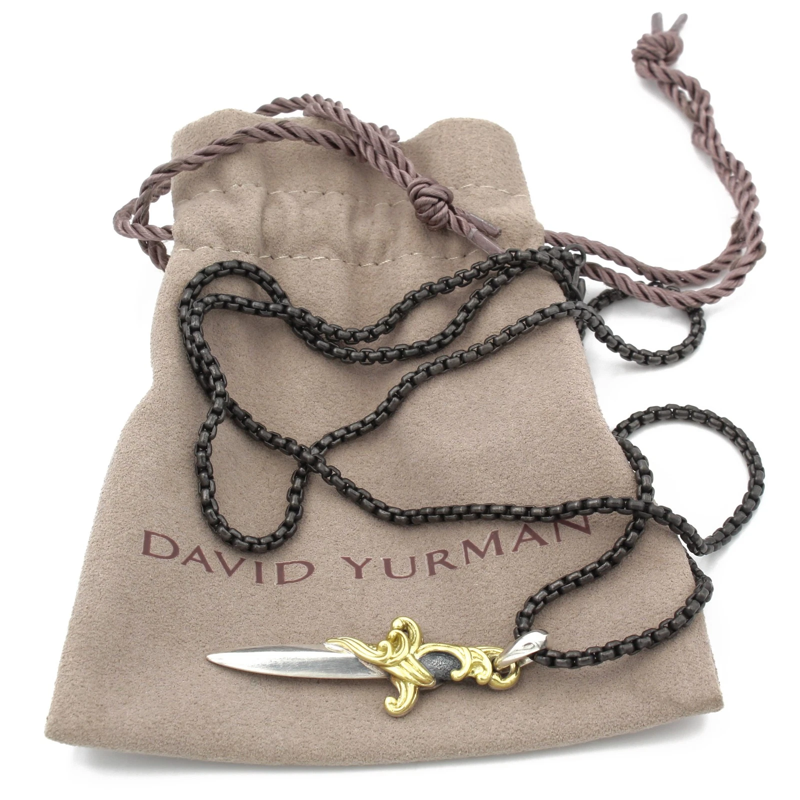 David Yurman Sterling 18k Gold Waves Dagger Amulet Black Chain Necklace #S4347-3