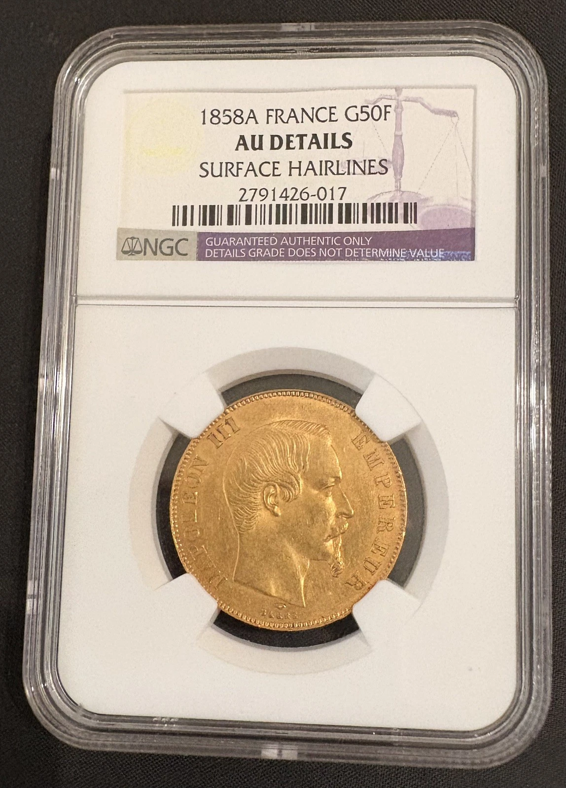 France 1858 A Gold 50 Francs Napoleon III - NGC Grade: AU DETAILS