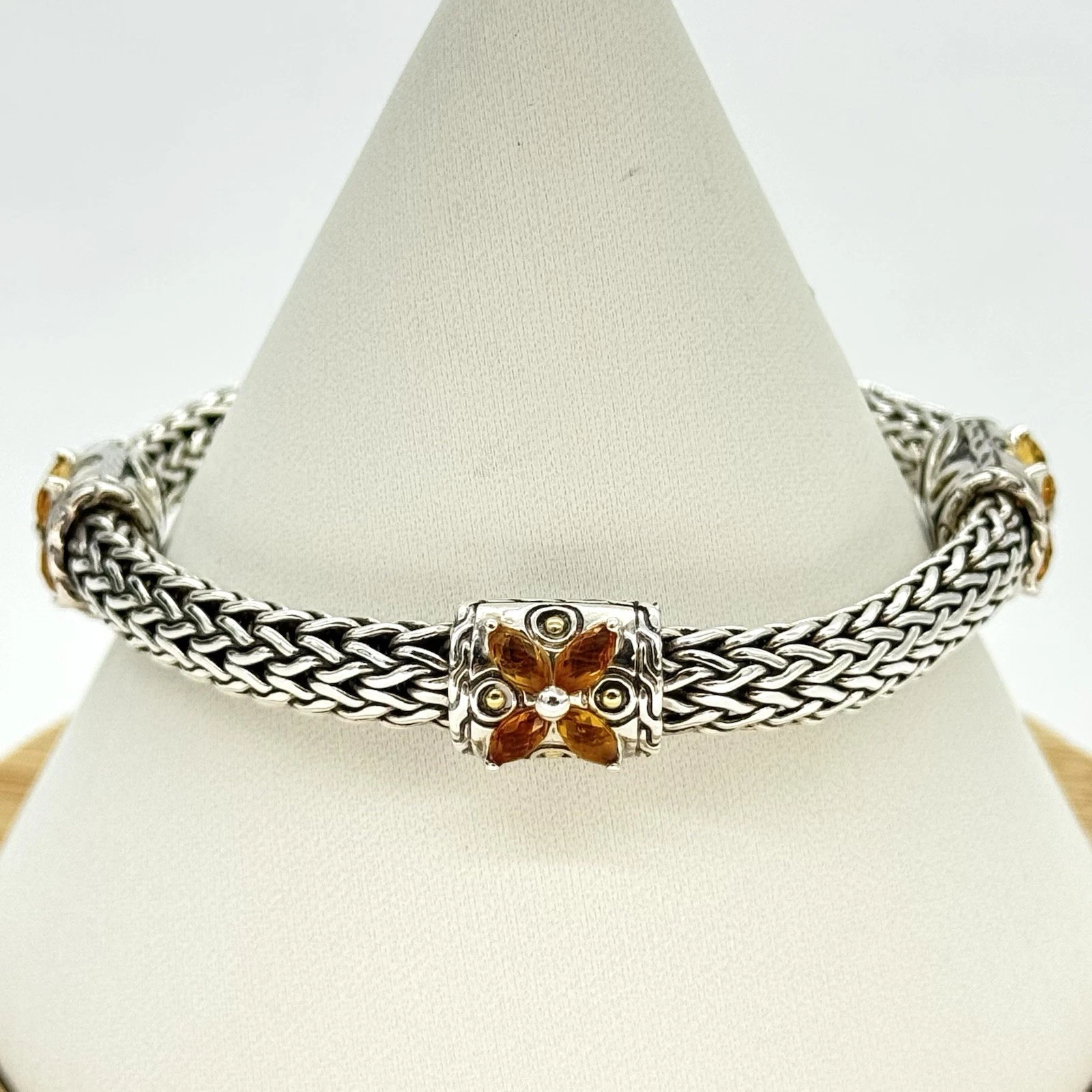 John Hardy Sterling Silver 18k Gold Citrine Station Classic Chain Bracelet 6.5"