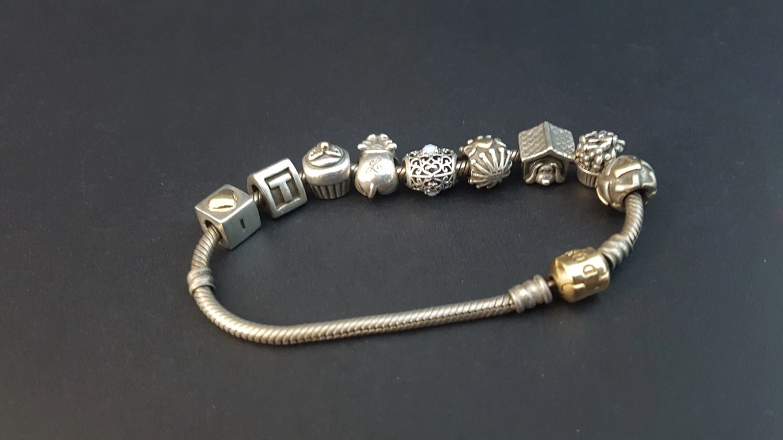 Love Theme Sterling Silver Pandora Bracelet w 14ct Gold Clasp & 9 Charms 56.3g