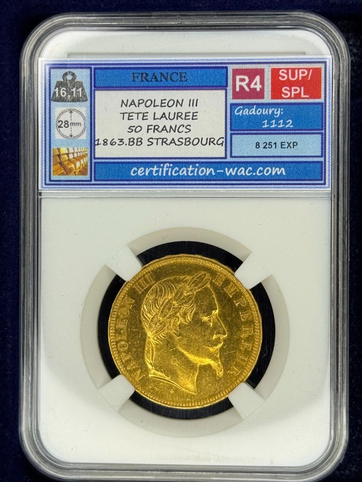 NAPOLEON III TETE LAUREE 50 FRANCS 1863.BB STRASBURG