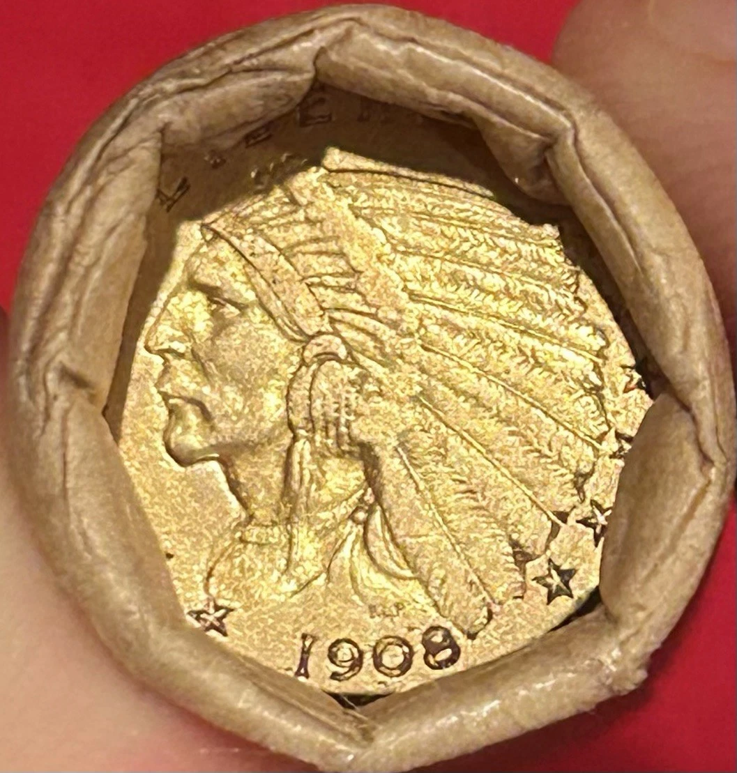 SEALED INDIAN HEAD PENNY HALF ROLL W 1908 $2.5 GOLD EAGLE & CENT ENDS COIN LOT