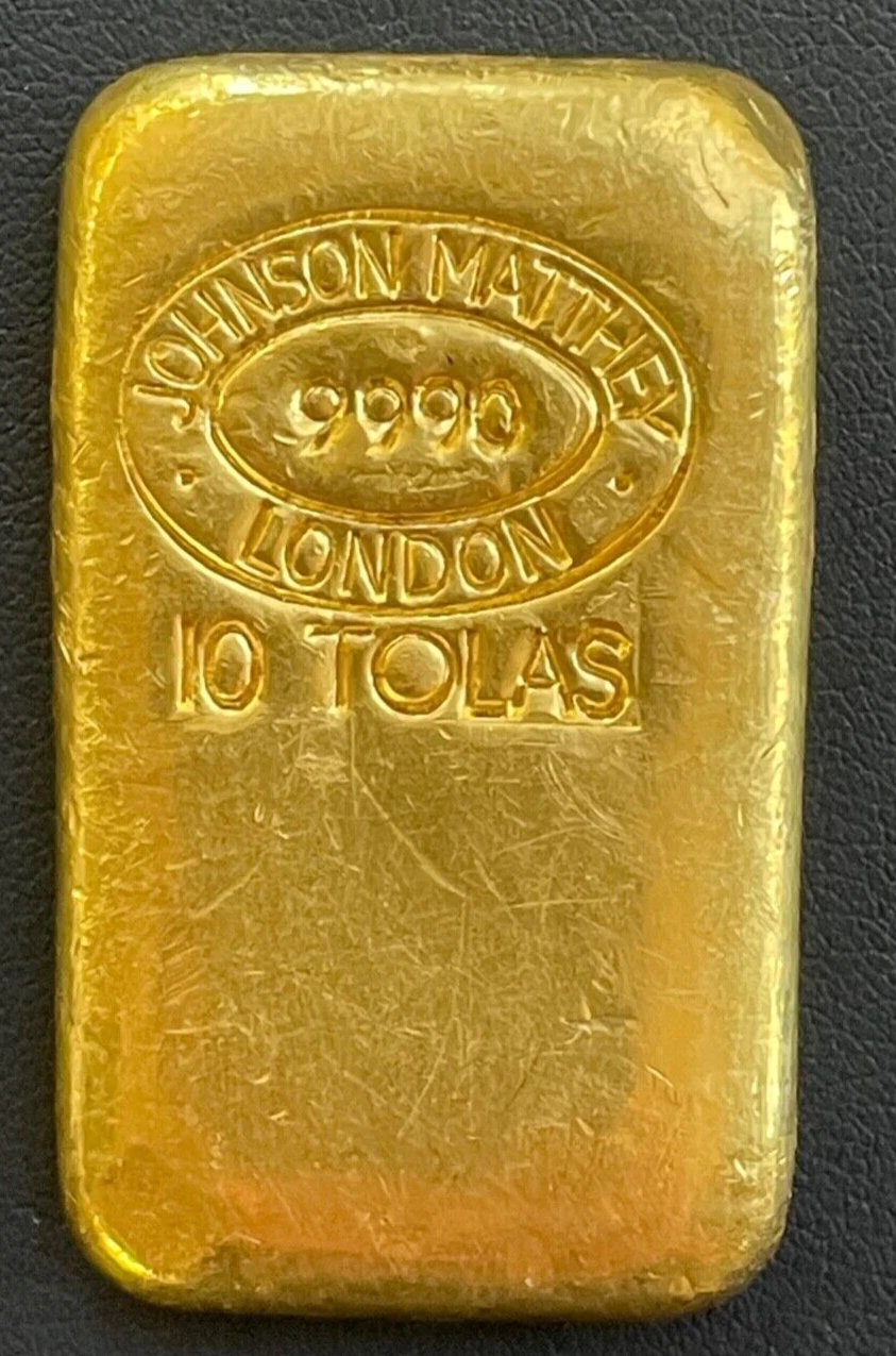 Vintage 10 Tolas 3.75 oz Johnson Matthey London Gold Cast Bar .999 Fine