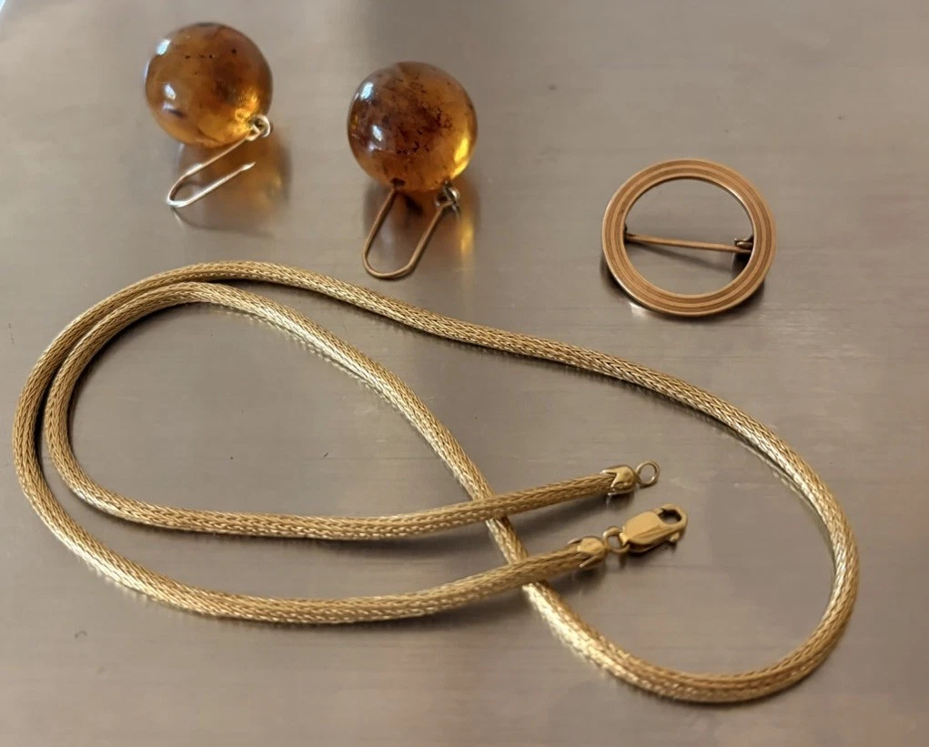 Vintage 14k Solid Gold Lot Chain Pin Earrings Amber Scrap Or Not 16 G