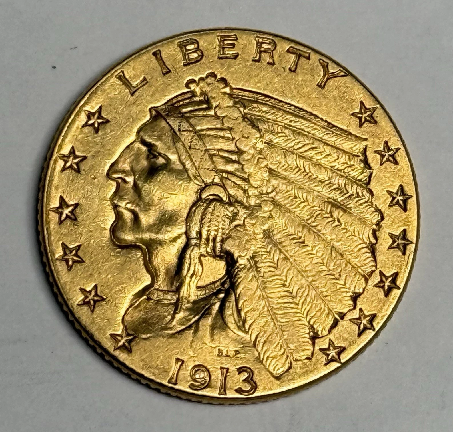XF 1913 Indian Head Gold Quarter Eagle, $2.50 Problem-Free U.S. Coin Extra Fine
